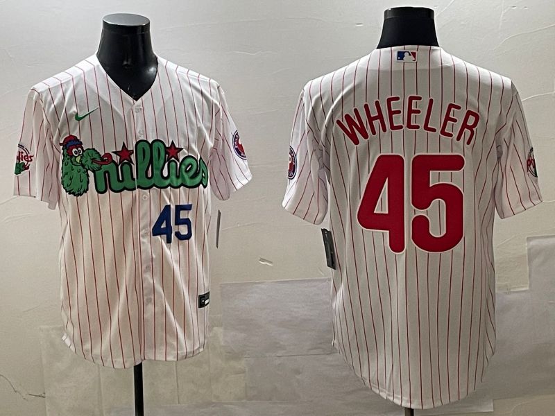 Men Philadelphia Phillies 45 Wheeler White Stripe Three generations Joint Name Game 2025 Nike MLB Jersey style 3